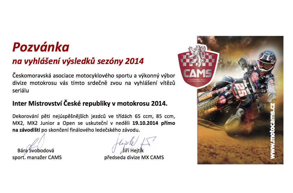 Pozvánka na vyhlášení vítězů seriálu INTER MČR MX 2014